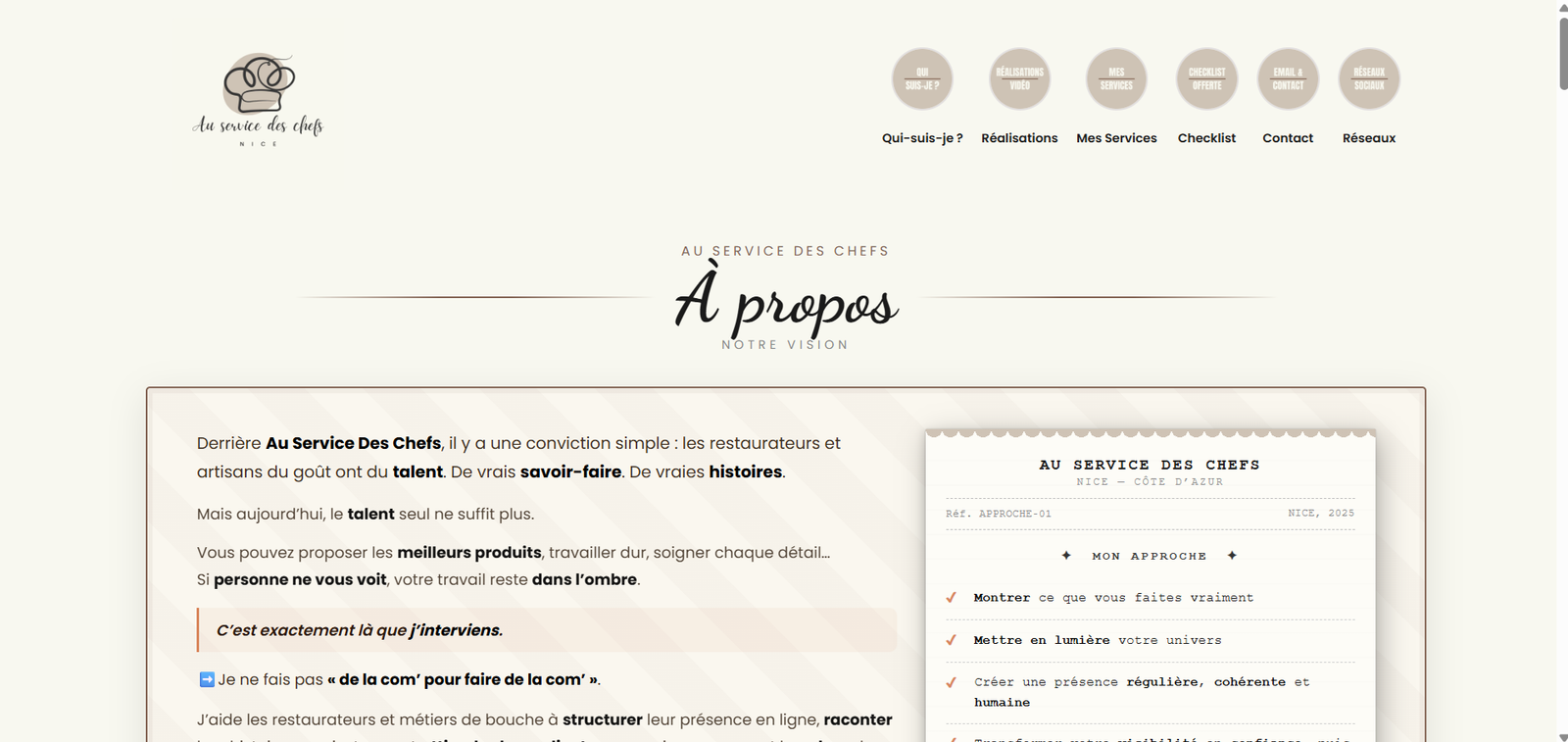 Au Service des Chefs - site vitrine créé par Syelem Dev, développeur web Nice
